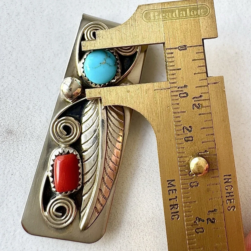 Navajo Natural Turquoise Coral Money Clip Silver 2in Mens Gift Handmade Arviso